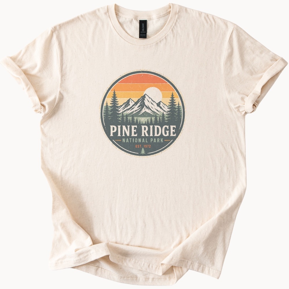 Pine Ridge National Park Graphic Tee Retro Mountain Badge Design